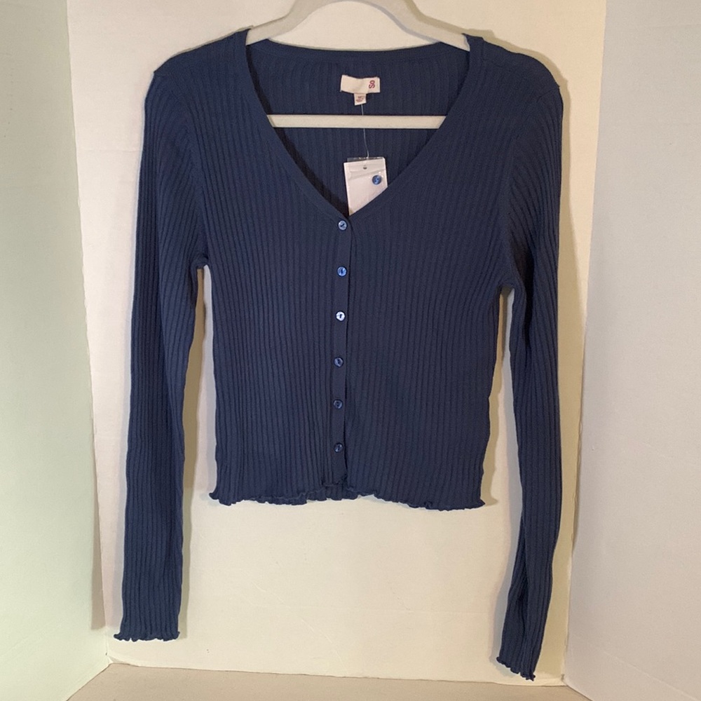 NWT: Juniors Size Medium Long Sleeve Button Up Dark Blue Knit Top by So